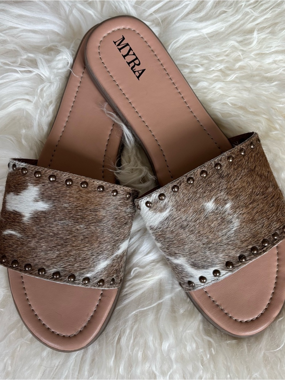 Myra Bag Brown and White Cowhide Stud fir slides Sandals
